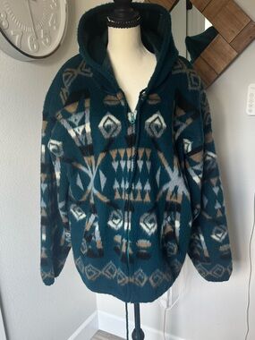 Vintage 90s Tahuantinsuyo Ecuador Wool Full Zip Hoodie Jacket Teal Aztec Boho